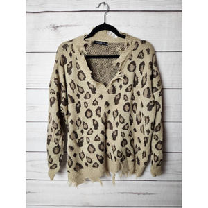 Maverick Womens Pullover Sweater Brown Animal Print Leopard Long Sleeve V Neck S